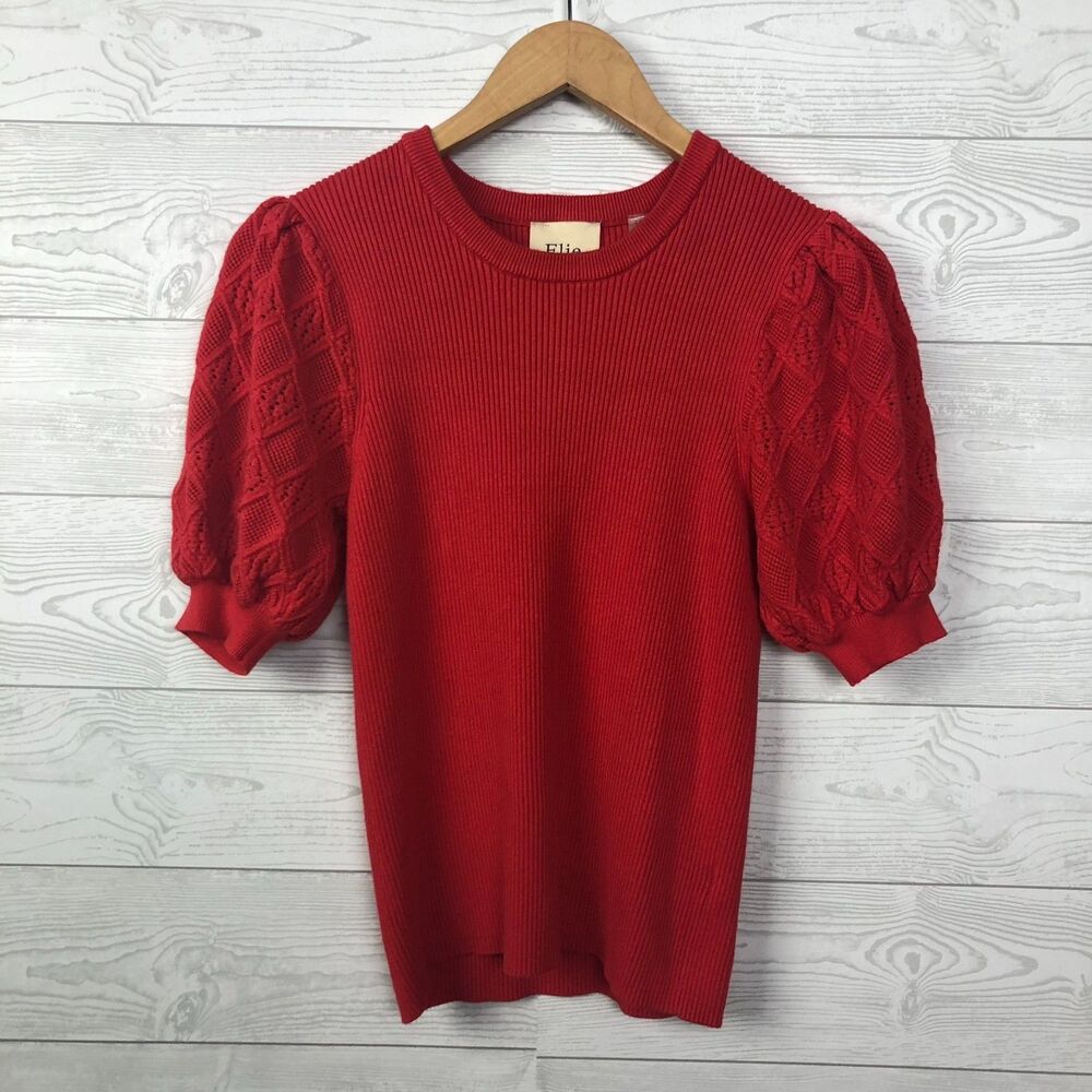 Elie Tahari Women's Large Ribbed Knit Top Textured Puff Sleeve Scoop Neck Shirt